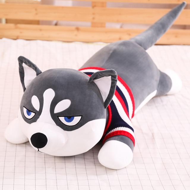 Funny Dressed Husky Pillow Stuffed Doll Stripe Sweater Soft Husky Lying Plush Toy Charming Dog Animals Kids Birthday Gift