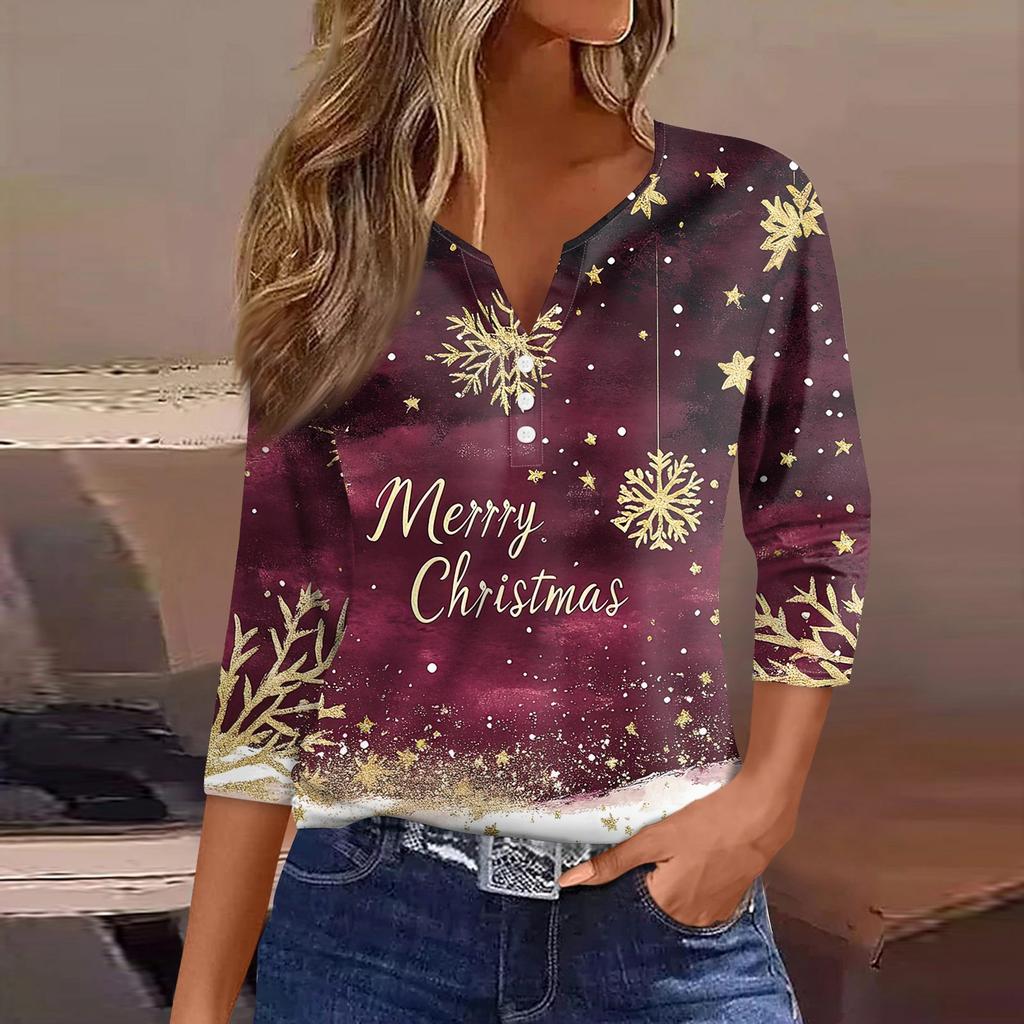Women's T Shirt Christmas Print Button 3/4 Sleeve Daily Weekend Fashion Basic V- Neck Regular Top