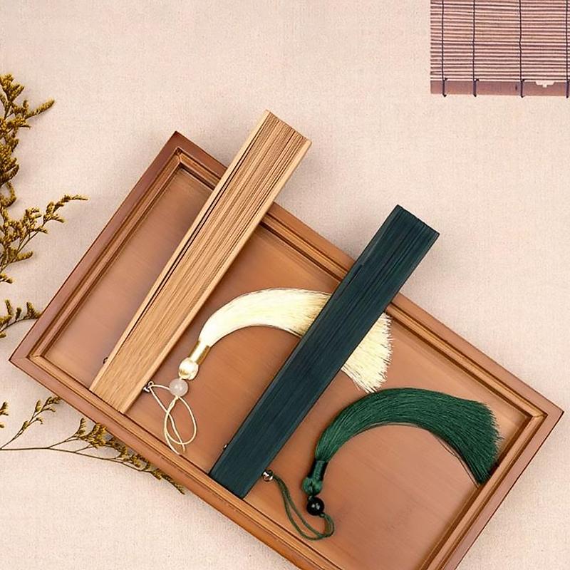 1Pc Folding Fan Handmade With Tassels Handcraft New Year's Gift Vintage Bamboo Chinese Style Solid Color