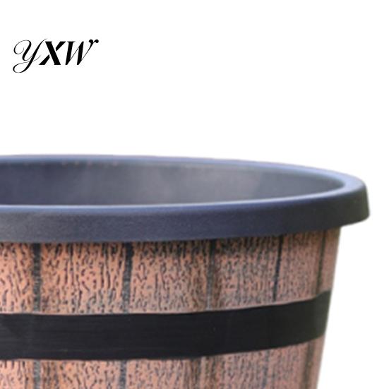 Large Plastic Flowerpot for Plants Rustic Barrel Style Plant Pots with Built-In Drainage Holes 8" Brown Plastic-Inspired Wood Finish Planter