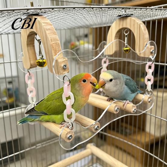 Parrot Swing Toy Toy, Bird Cage Perch, 5 Wooden Perch Poles, Acrylic Frame with Bells for Small Medium Parrots Budgies Cockatiels Foot