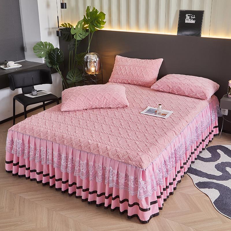 Autumn Winter New Taffeta Single Bed Skirt French Lace Trim Fleece Thickened Coral Fleece Bed Cover