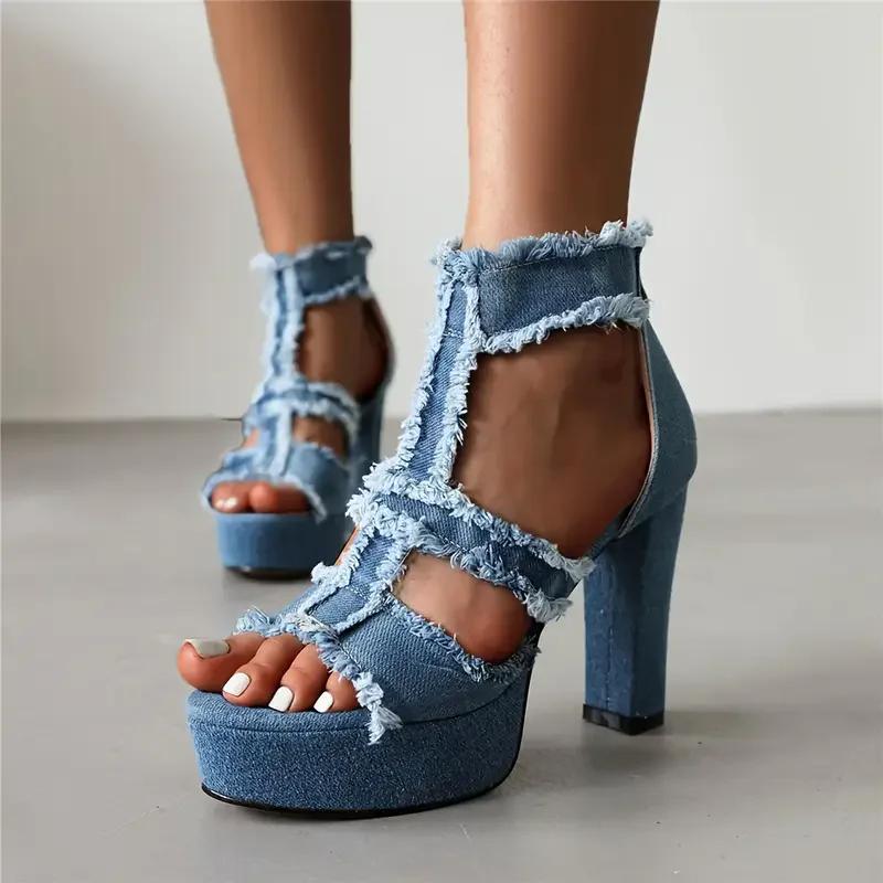 Women's Shoes New Back Zipper Women's Sandals Fashion Peep Toe Dress Sandals Women Summer Plus Size Solid Heeled Sandals