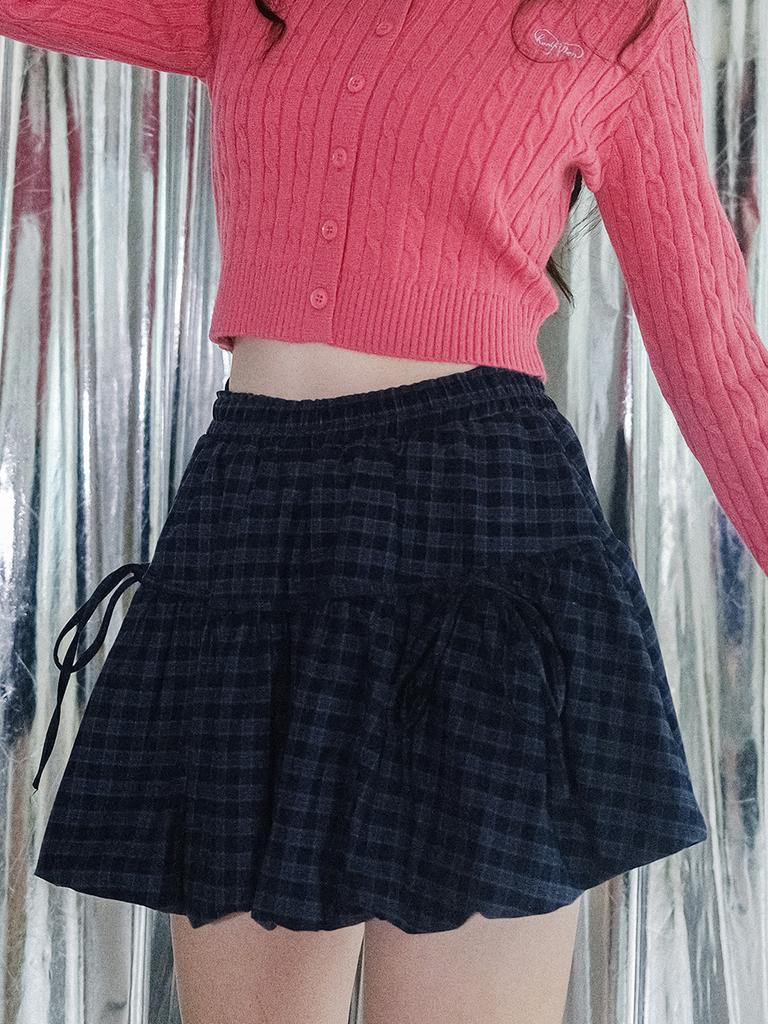 Cool Kitten Ribbon Plaid Balloon Skirt