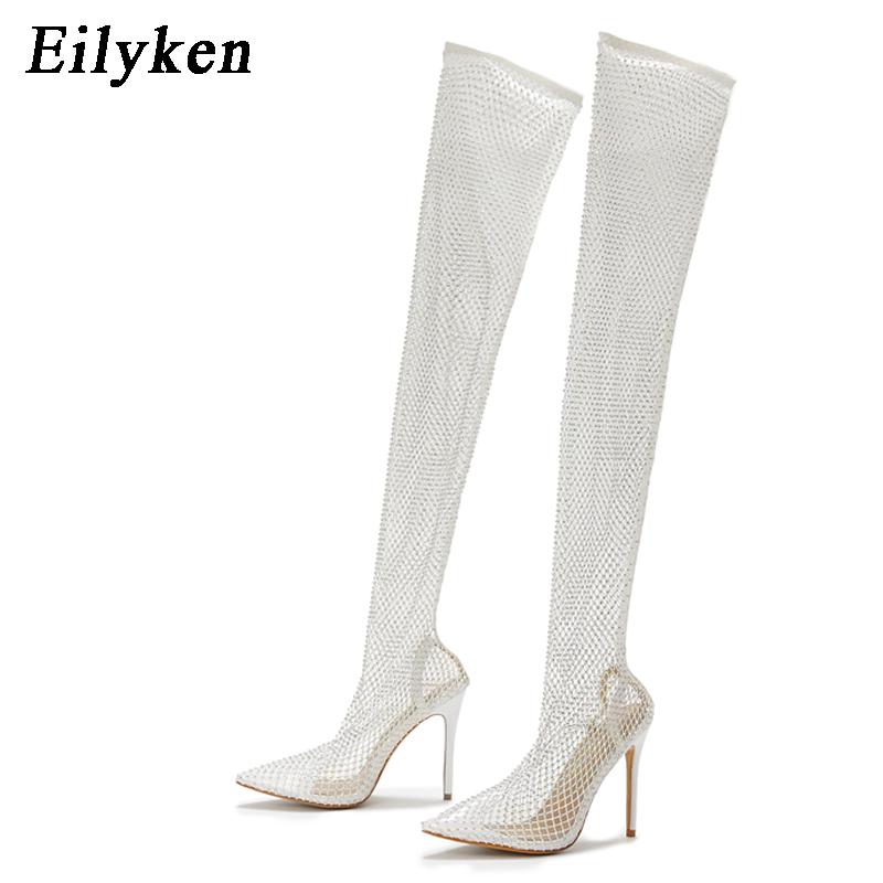 Eilyken Модные летние сетчатые женские туфли выше колена с острым носком в сеточку, пикантные ботинки для ночного клуба, женские туфли на высоком каблуке