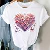 (Asian Size)  Flower Love Heart Short Sleeve T Shirt Women Tee Top Clothing Casual Fashion Print Lady Female Graphic T-shirts