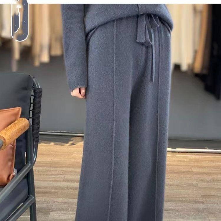 Knitted Pants Women Spring and Autumn High Waist Elastic Drape Drawstring Loose Casual Mopping Pants Straight Wide Leg Pants