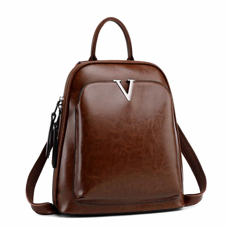 Genuine Leather Backpack Fashion Bag Waxed Cowhide Backpack Women's Vintage Schoolbag