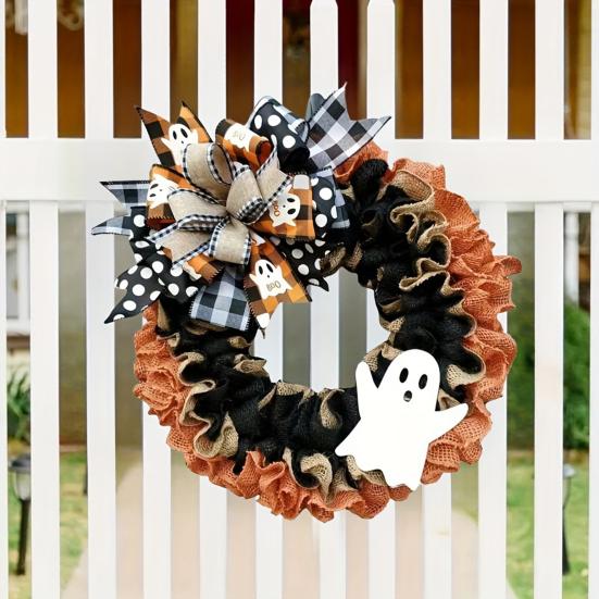 Halloween Ghost Wreath for Front Door Rustic Burlap Wreath with Plaid Bow for Farmhouse Porch Window Wall Decor