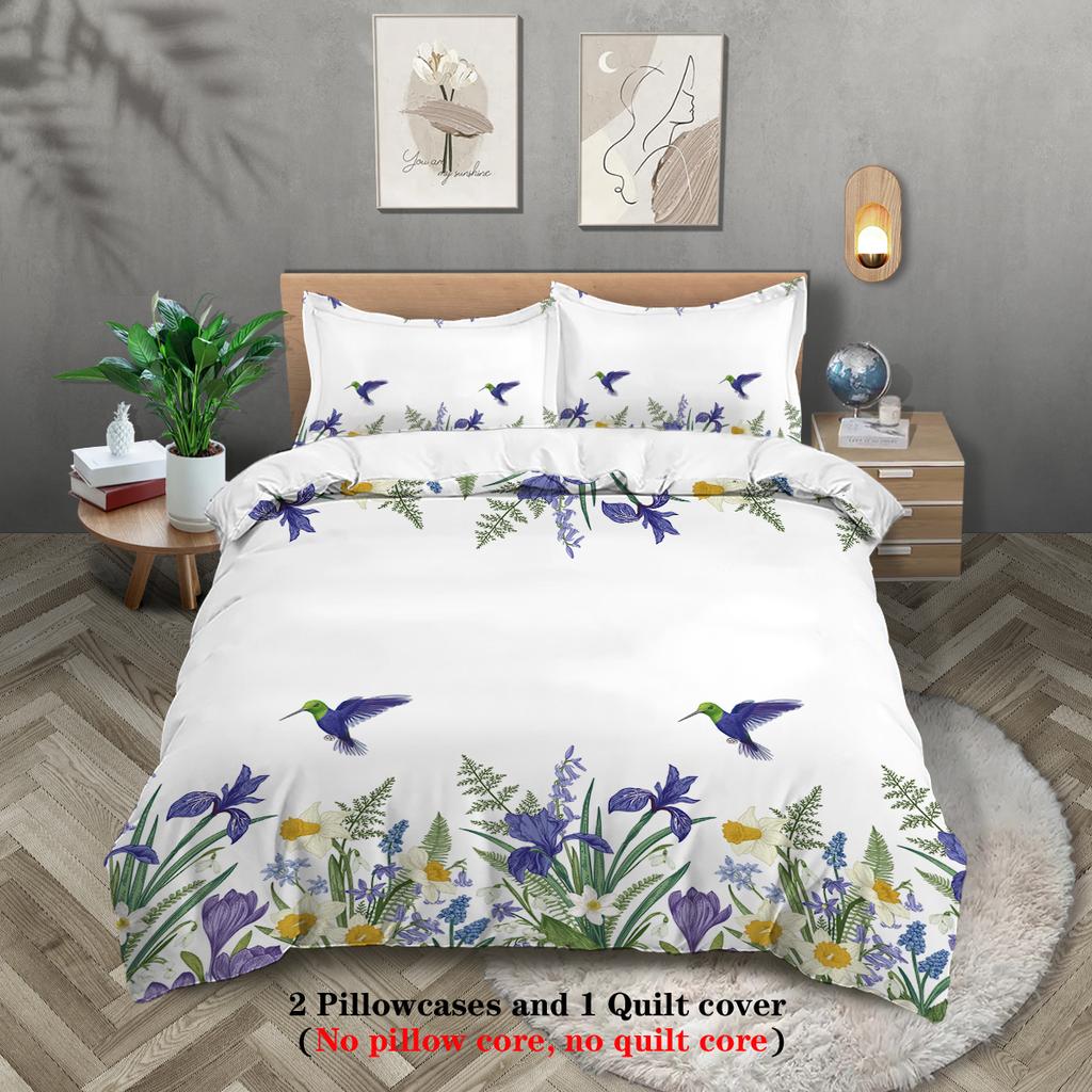 3pcs Flowers and Birds Pattern Printed Bedding Set, Suitable for Women Bedroom, Queen, King, Twin Bed,1*duvet Cover+2*pillowcase