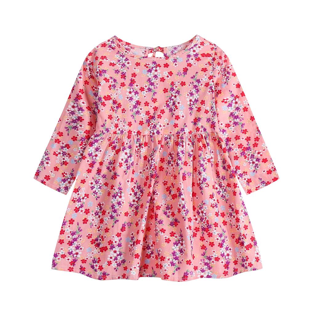 Spring and Autumn Girls' Korean Edition Dress with Floral Long Sleeve Dress for Baby Girls, Cotton Printed Children's Dress for Girls