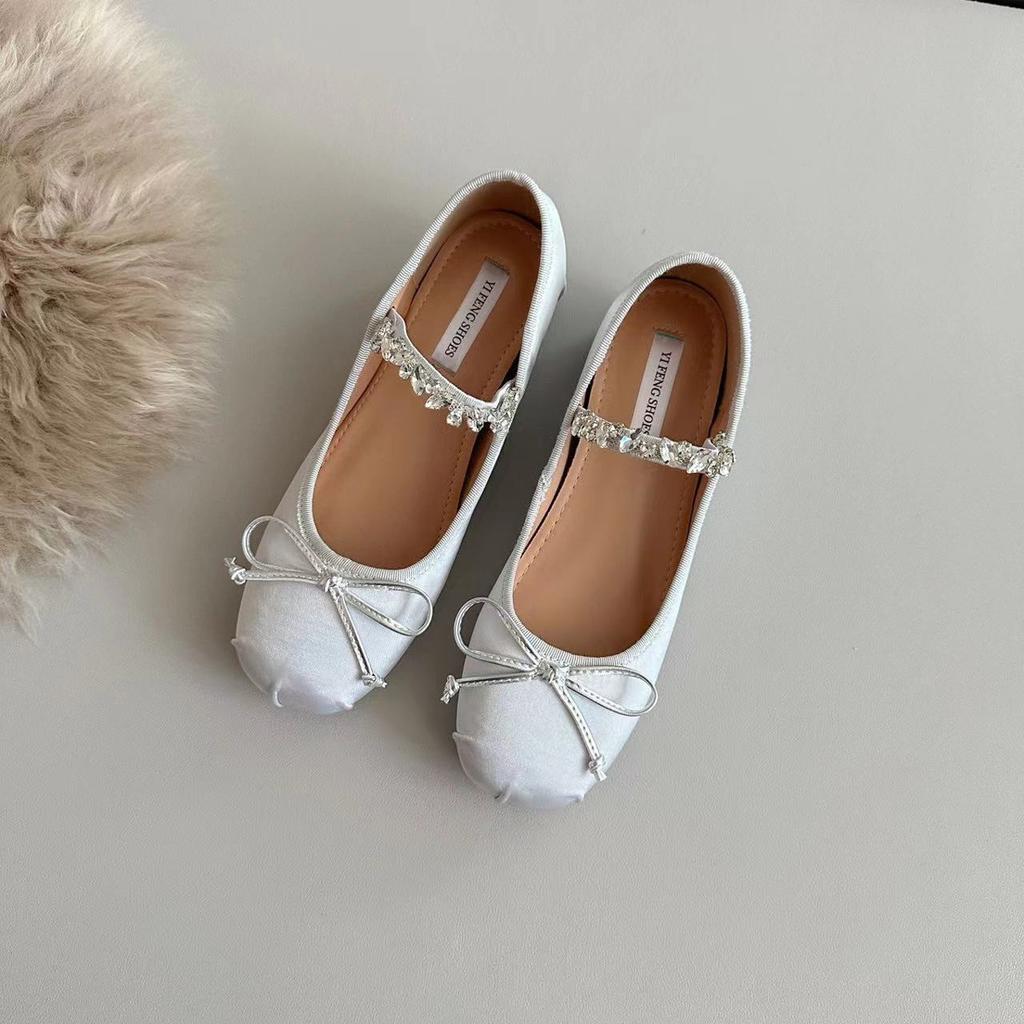 Sheepskin Version~ Small Inner Height Increase French Rhinestone Ballet Shoes Women's Shallow Mouth Single Shoes Bow Mary Jane Shoes