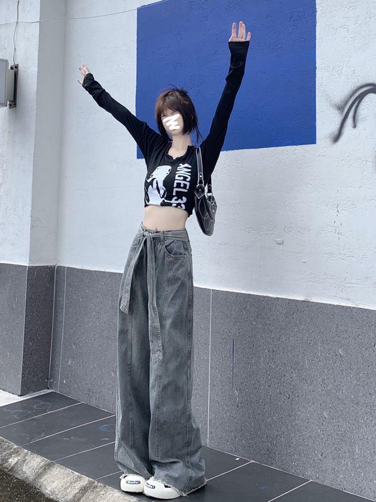 Women's High-Waist Wide-Leg Distressed Retro Jeans - Extra Long Autumn Pants