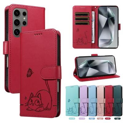 Магнитный кожаный чехол-кошелек-раскладушка для Samsung Galaxy S25 S24 S23 S22 S21 S20 Plus Ultra FE | Тисненый дизайн с изображением кошек и бабочек