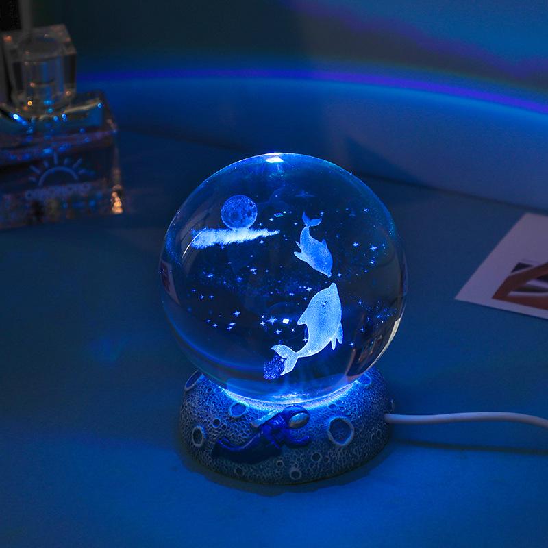 3D Резная Хрустальная Сфера Дельфин Ночник Украшение - USB Настольное Украшение и Подарок на День Рождения