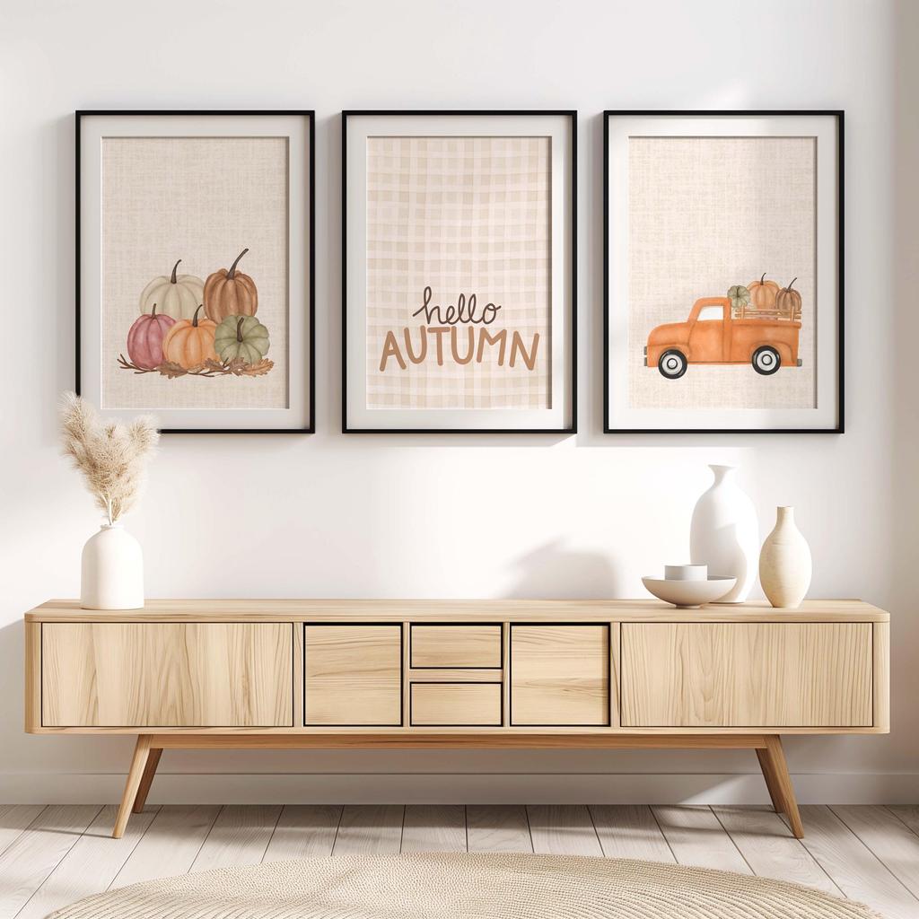 Autumn Prints Set of 3 Neutral Fall Decor Seasonal Wall Art Autumn Printable Hello Autumn Sign Rustic Pumpkin PosterGift Poster