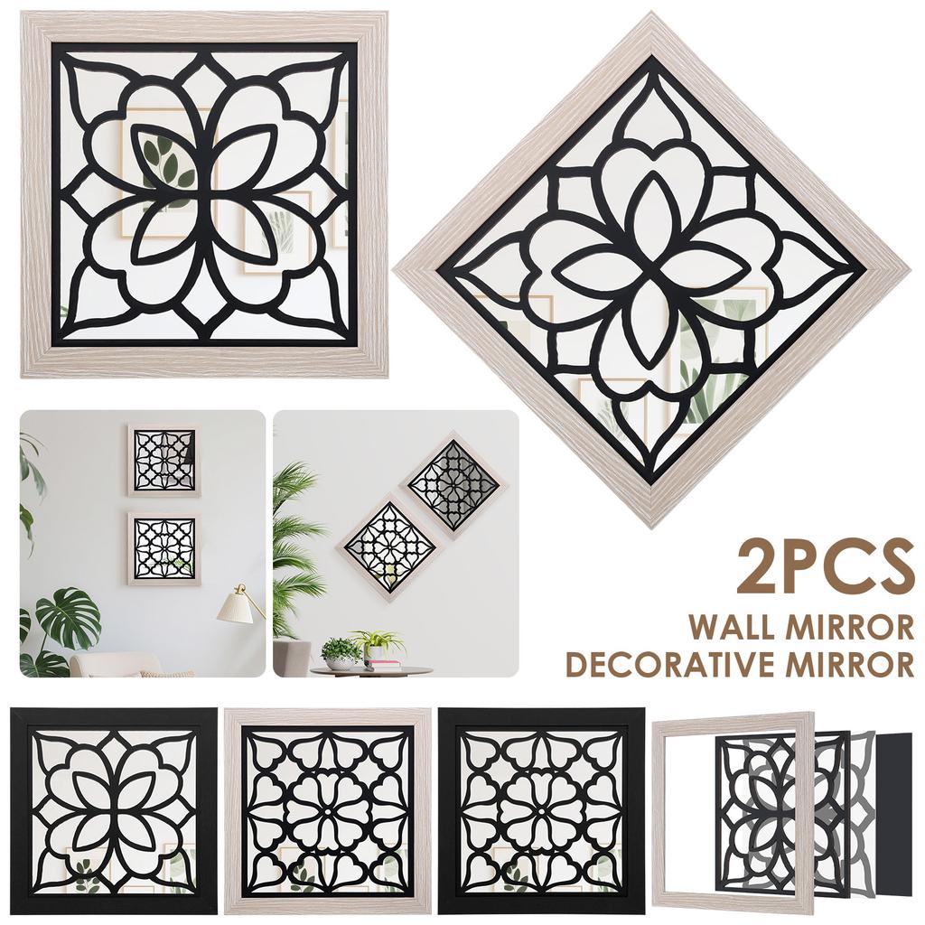 2 Pcs Boho Wall Mirror Decor Shatterproof Vintage Style Decorative Mirror Wall-mounted Mirrors for Living Room Home Decoration