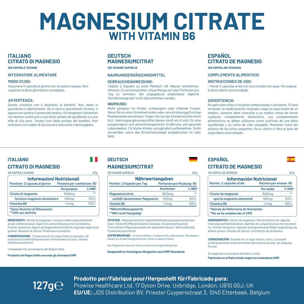 Капсулы цитрата магния 1500 мг с витамином B6 | 120 веганских таблеток | 450 мг элементарного магния
