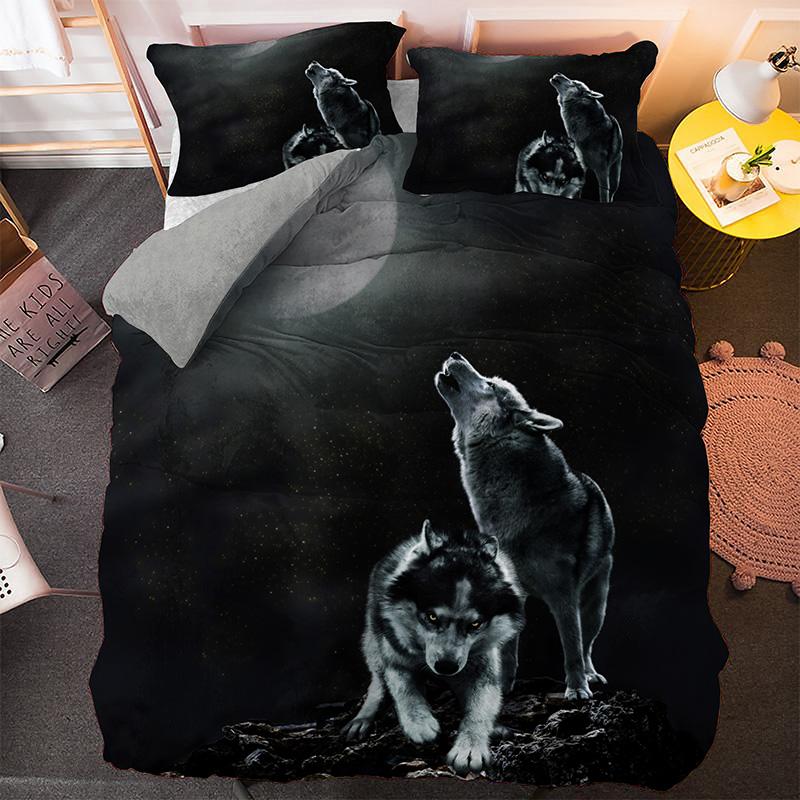 Wolf Duvet Cover Set Customized Fashion Wild Animals Moon Printed Bedding Set King Polyester Comforter Cover for Kids Boys Teen