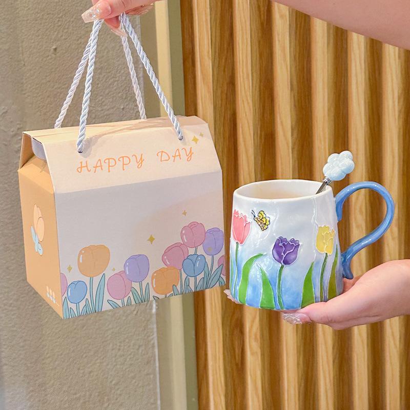 Девочки сердце инс ветер ручная роспись тюльпан керамическая чашка девочки старший смысл сувенир пара цветок кружка