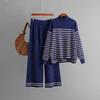 Fall Winter Lazy Wind Loose High Collar Pulllover Sweater Suit Women's Stripe Long Sleeve Knit Wide Leg Pants Two Piece Set