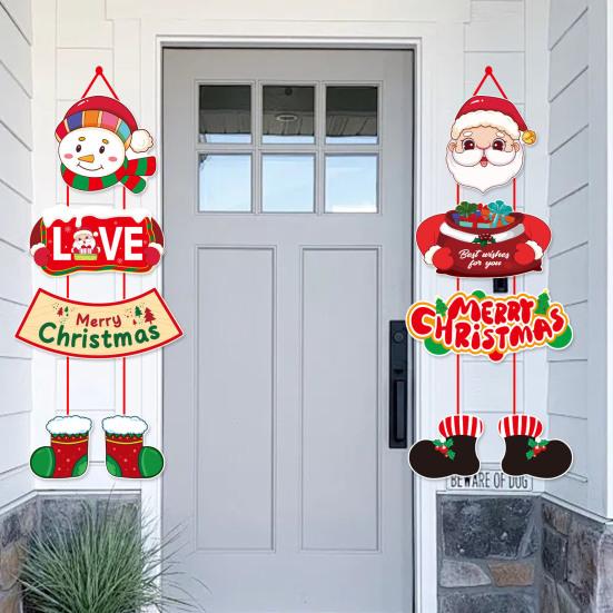 1 Pair Christmas Door Decoration Merry Christmas Hanging Sign Cartoon Santa Claus Snowman Holiday Decor for Home Wall Front Door