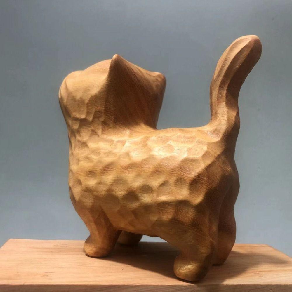 Cat Ornament Hand-carved Wooden Cat Statue Cute Miniature Cat Sculpture Creative Exquisite Animal Figurine Home