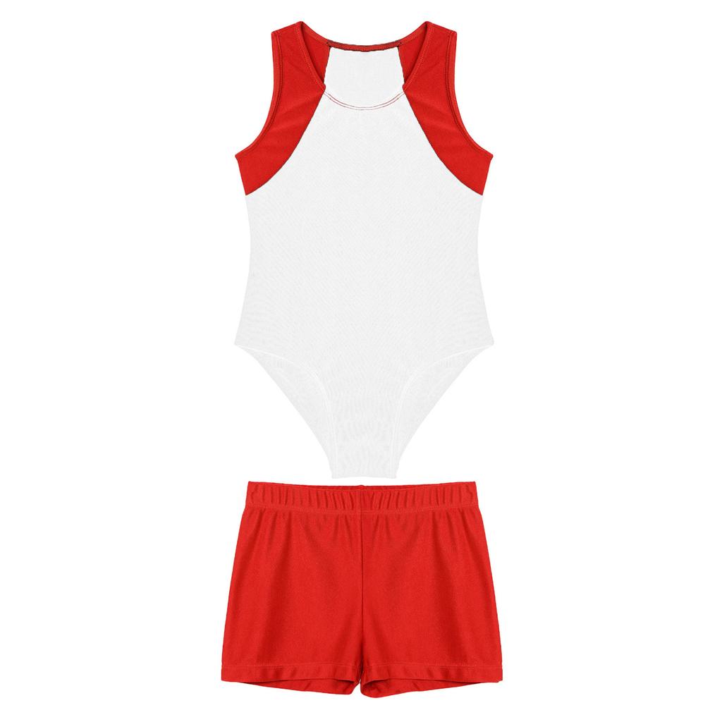 Kids Boys Round Neck Sleeveless Leotard Bodysuit Jumpsuit with Shorts Set for Gymnastic Yoga Workout Competition