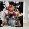 Funny Highland Cow Shower Curtain Farm Animal Sunflower Watercolour Flowers Farmhouse Polyester Fabric Bathroom Decor with Hooks
