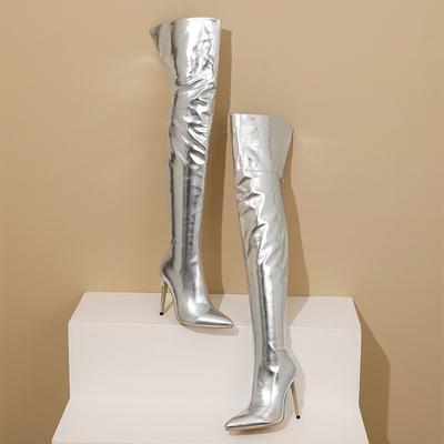 Сексуальные туфли-ботфорты на тонком каблуке-шпильке, женские сапоги выше колена с острым носком и молнией сзади, золотисто-серебристые туфли
