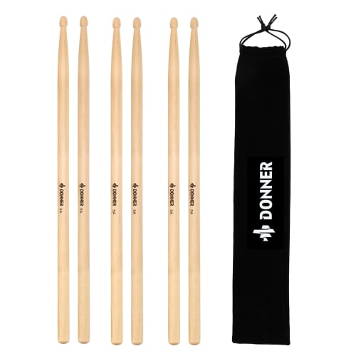Donner Drumsticks, Set of 3, 5A Maple Wood, for Drum Pads, Snare Drums, Percussion, Practice, Beginners, with Bag, Christmas, Birthday Gift