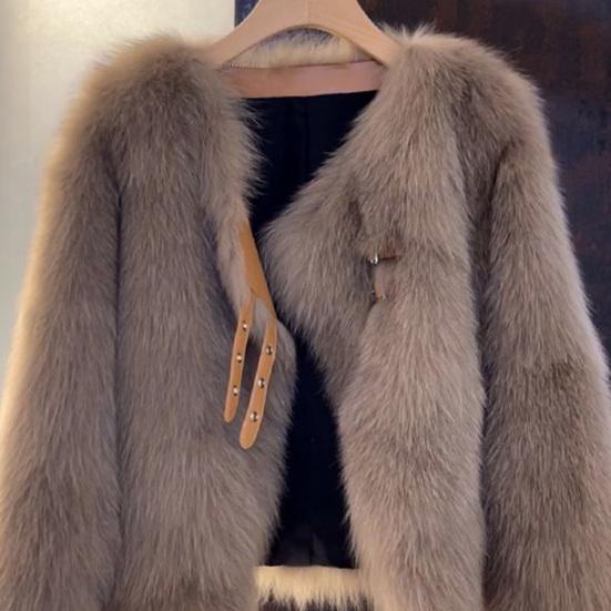 Auutmn Winter Lady Cardigan Coat Furry Plush Buckle And Strap Decor V Neck Long Sleeves Thickened Solid Color Faux Fur Knitted Sweater Jacket