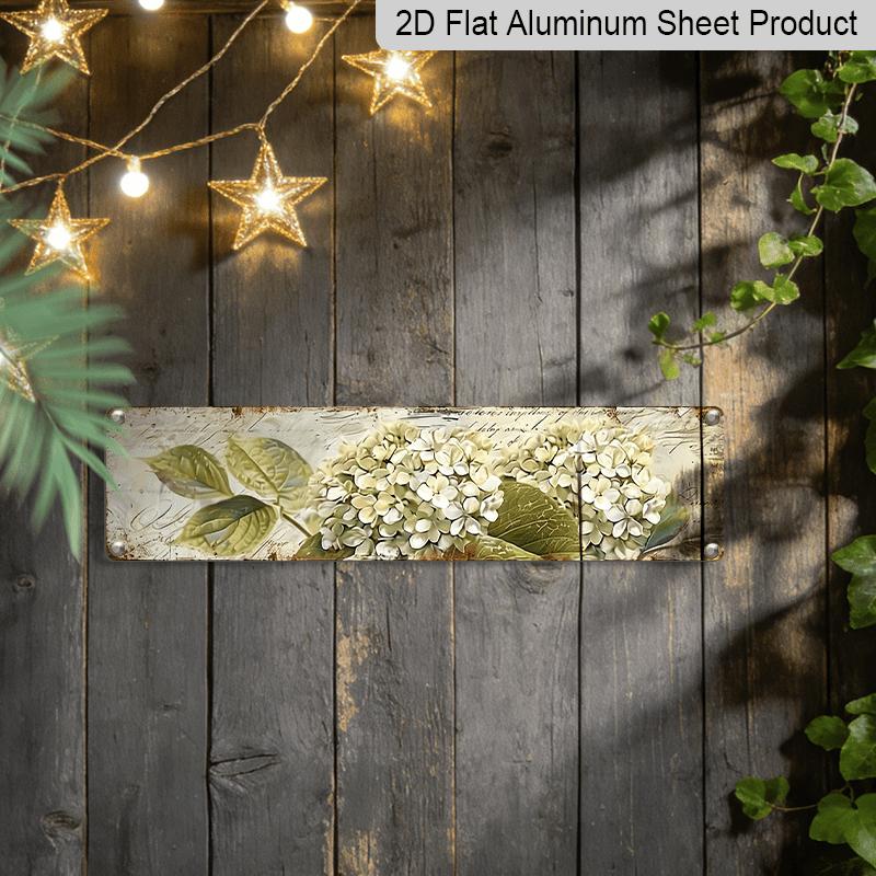 2D Flat, Vintage Hydrangea Metal Wall Art - 3.94 X 15.74inch, UV-Printed Alumium Decorative Sign with Realistic White Flowers and Green Leaves