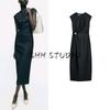Spring New Women's Clothing Fashion Style Sleeveless Round Neck Gold Inlaid Denim Midi Skirt Dress 2022576