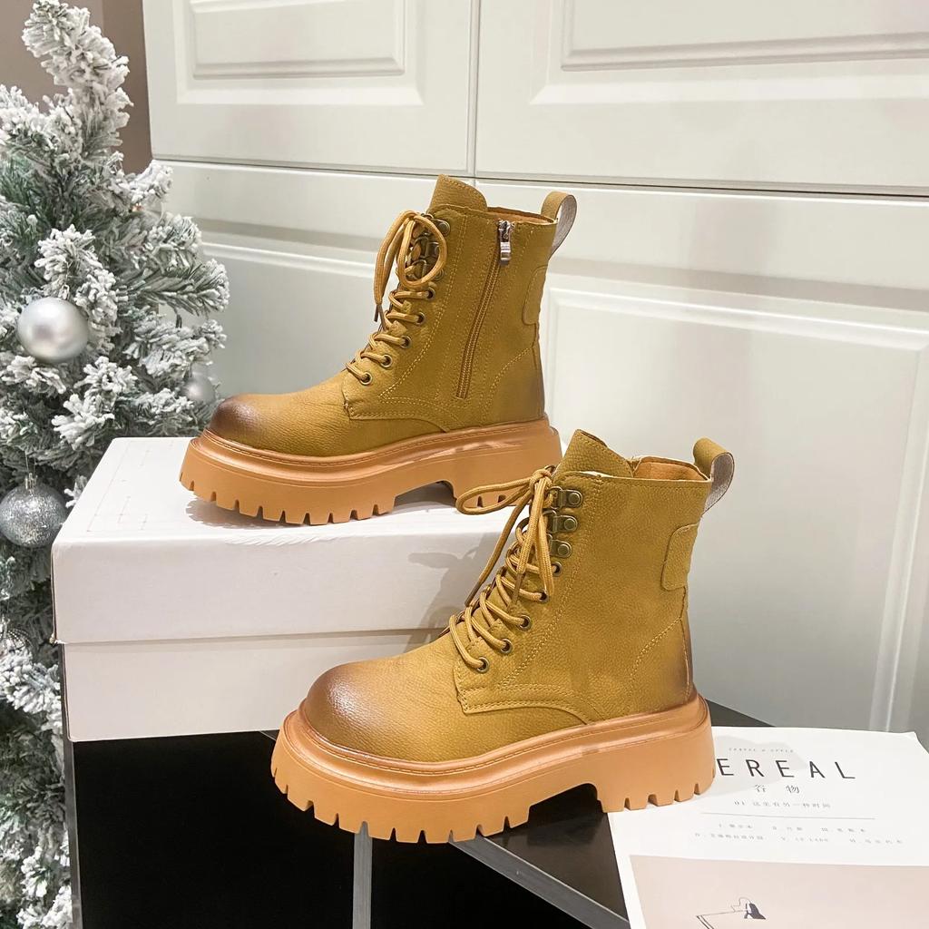 Ботинки из мягкой кожи в британском стиле с круглым носком и плоским каблуком, с цветной отделкой, женские, новые, короткие, на толстой подошве, на среднем каблуке