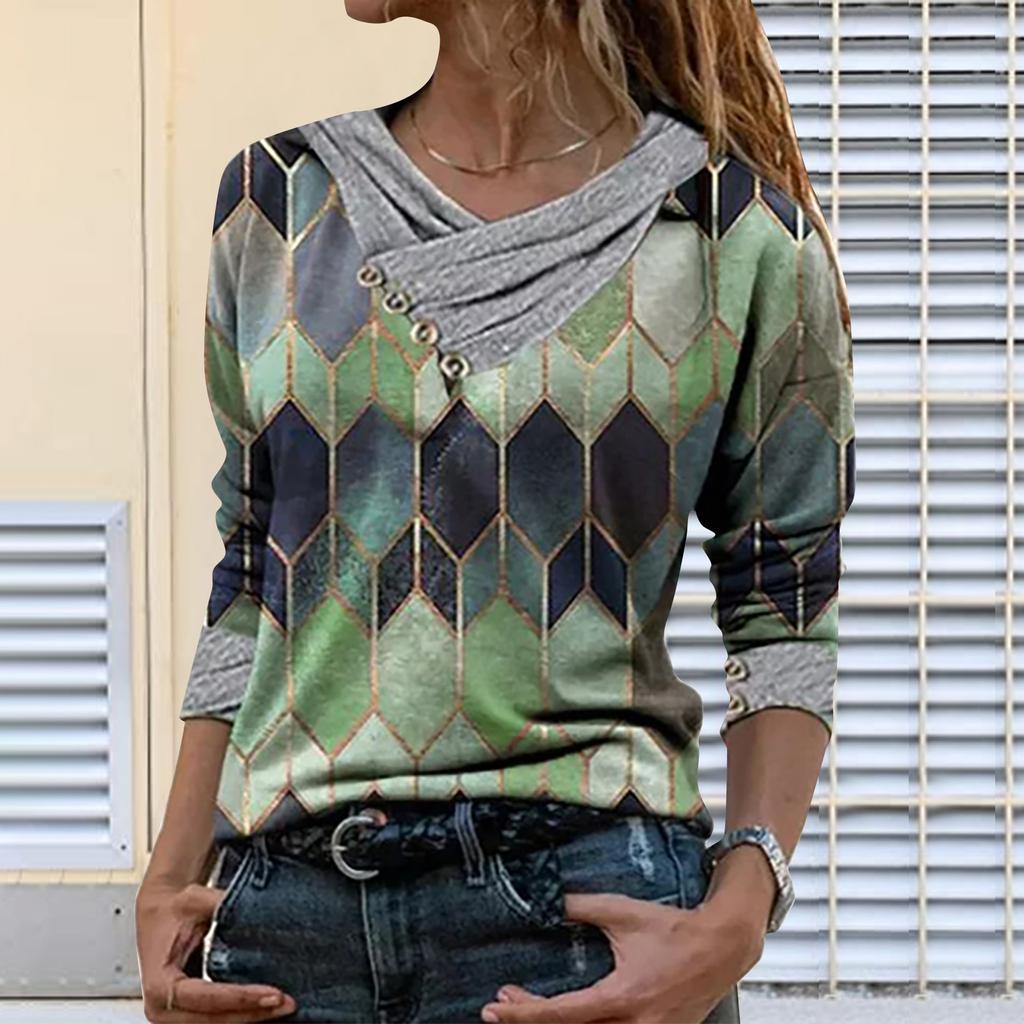 (SU)Женская блузка с длинным рукавом и воротником с вышивкой и принтом тай-дай