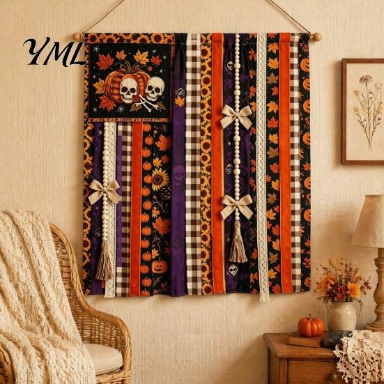 Office Party Supplies Halloween Rag Banner, Orange Black Skull Ghost Pumpkin Hanging Decoration, Rustic Indoor Outdoor Holiday Decor Fabric