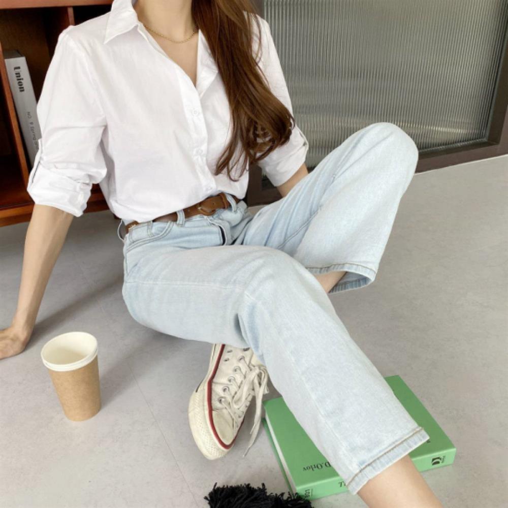 New Arrivals Open Run Women Loose Fit Roll Up Sleeve Cotton Shirt