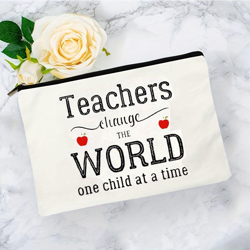 Simple Teacher Change The World Pattern Print Makeup Bag, Women Handhold Bag Travel Cosmetics Storage Pouch Bag Toiletry Bag, Gift For Teacher