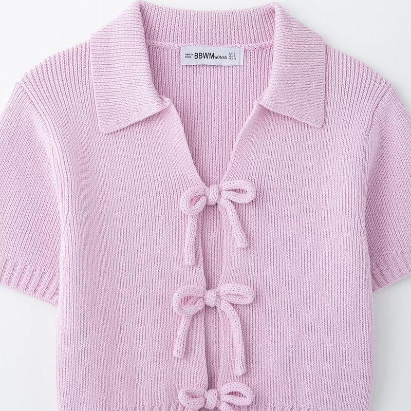 Kaslead New Women Clothes Western Style Bowknot Decoration Knitted Short Sleeve Round Neck Top 2142007 637
