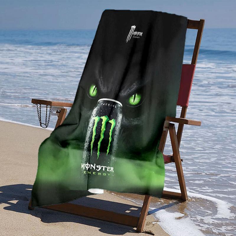 Пляжное полотенце с рисунком логотипа Monster Energy - мягкое, впитывающее, быстросохнущее, можно стирать в машине - идеально для плавания, кемпинга, купания