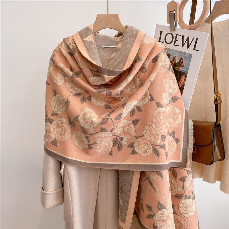 Cute Flower Cashmere Scarf Feel Fringed Shawl Soft Girl Winter Student Scarf Warm Thickened Scarf