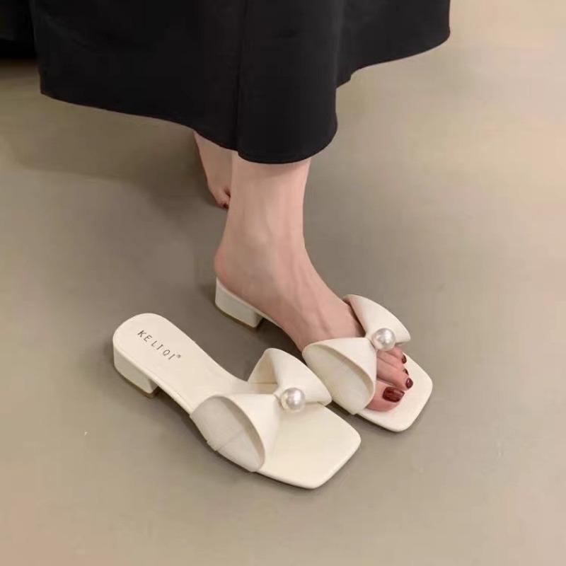 Розовые фееричные жемчужные банты толстый каблук крутые шлепанцы женские летняя одежда модные шлепанцы на одно слово лето новинка