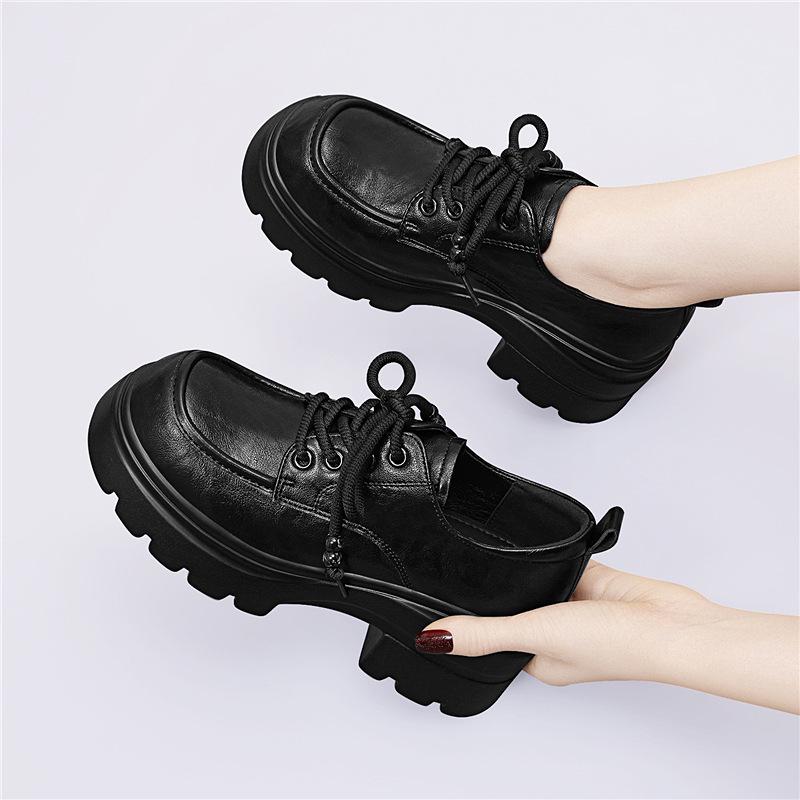 Золотой Кролик 2025 Осень Женские Кожаные Лоферы на шнуровке в британском стиле с круглым носком