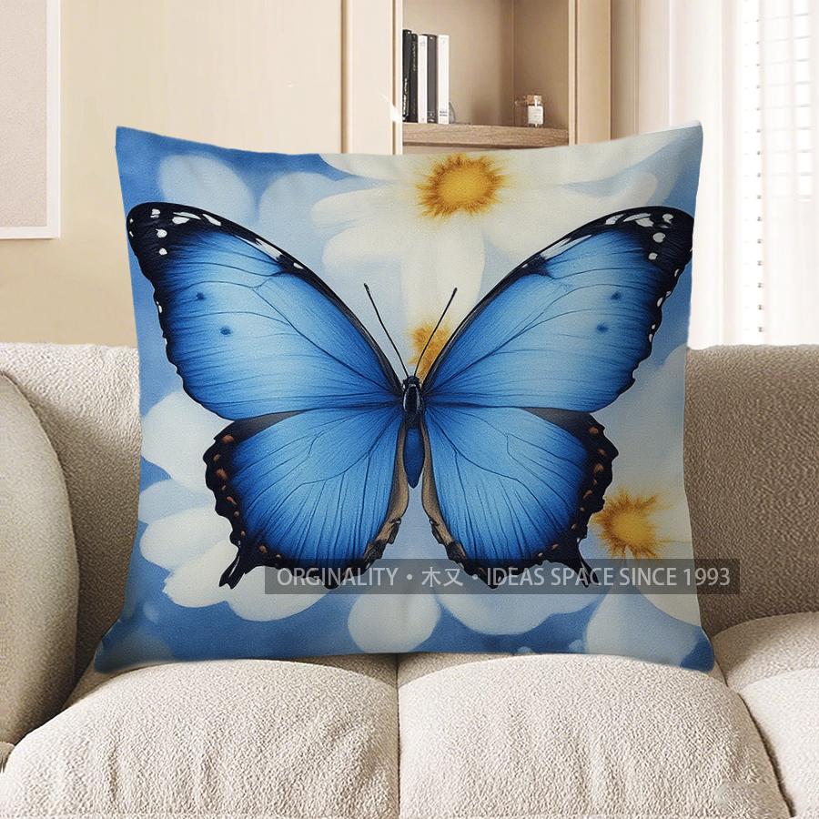 Home Decor Blue Butterfly &amp; Flowers Decorative Pillow Cover Pattern Cushion Cover Suitable For Sofa Bedroom Car Pillow Cover