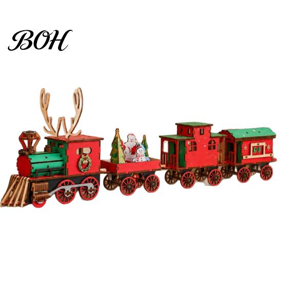 Family Activity Project DIY Wooden Christmas Train Craft Kit, Vintage Reindeer Locomotive Puzzle Model, Gift for Lovers Festive Tabletop Decor