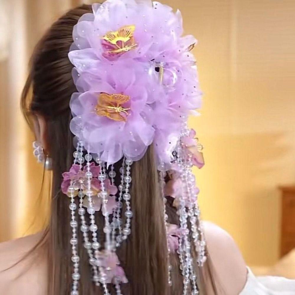 Elegant Flower Grasping Clip Bow Hair Accessories Hair Claw Pearls Tassel Headwear Shark Clip Women