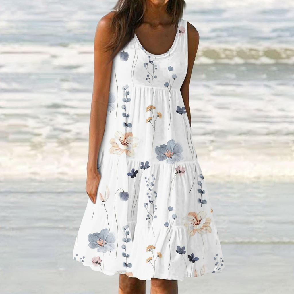 Женские платья-жилеты Лето-весна Плиссированные богемные платья Симпатичные струящиеся пляжные платья без рукавов Прямая футболка Платья-майки Платья с круглым вырезом