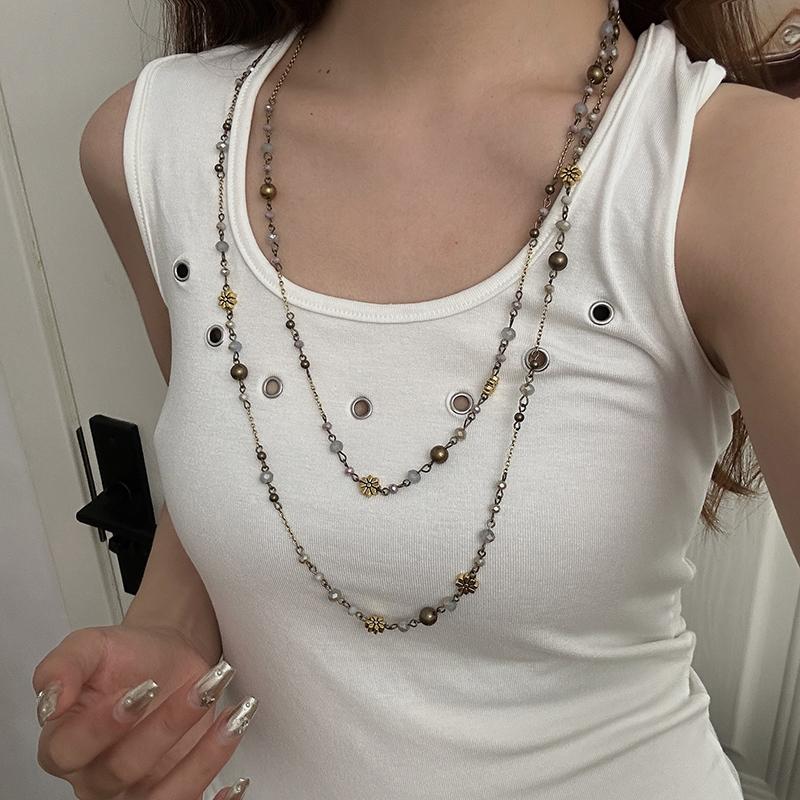 New Flower Glass Beaded Double Layered Stacking Chains Necklaces for Women Temperament Vintage Sweater High-end Fashion Jewelry