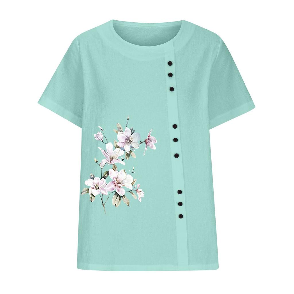 Women's Cotton Linen Round Neck Short Sleeve With Button Tops Printed T-shirt